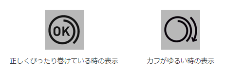 正しくぴったり巻けている時の表示，カフがゆるい時の表示