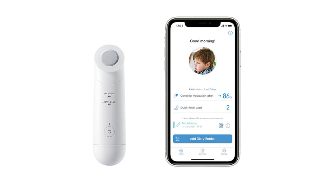 喘鳴センサ「WheezeScan」とスマートフォンアプリ「Asthma Diary」